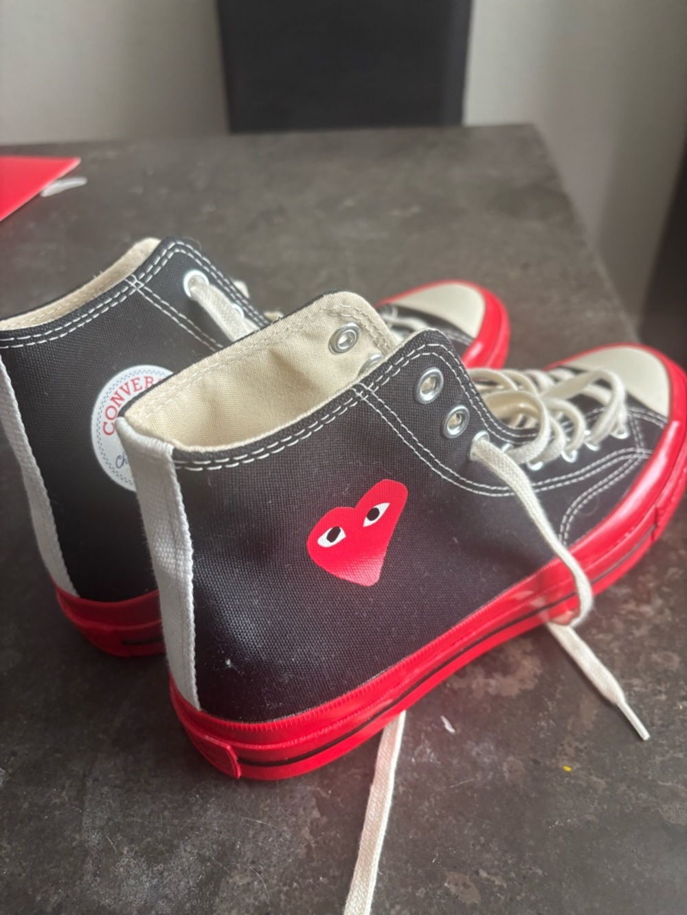Converse Black High Top Sneakers with Red Heart and Red Sole